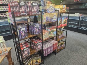Board games on shelves